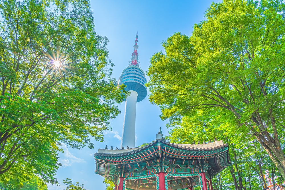 Namsan Tower and Pavilion on a sunny summer day in Seoul