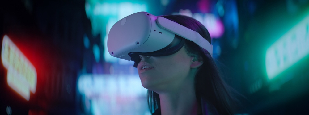 Female student trying on VR glasses in the metaverse